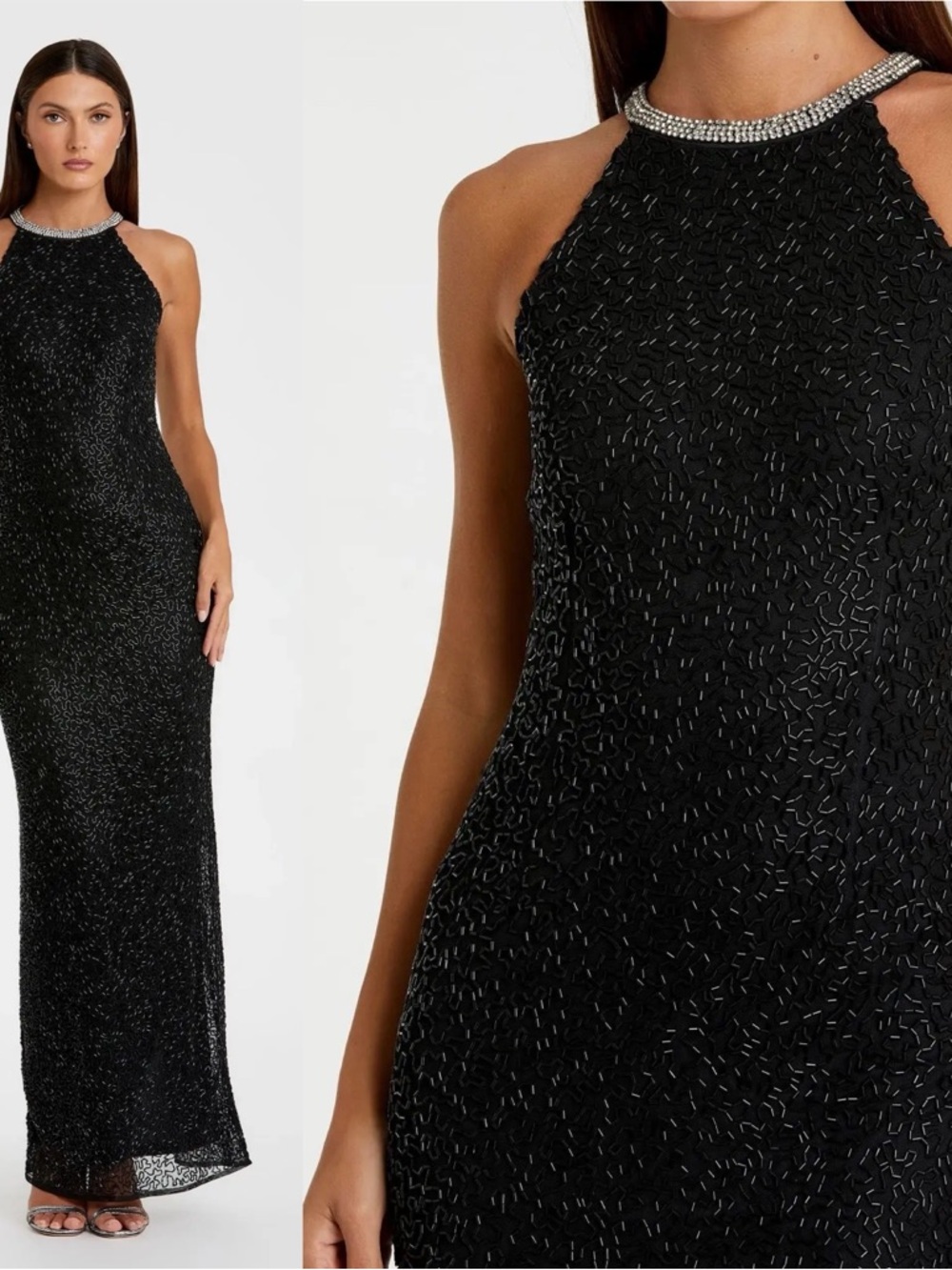 NWT Mac Duggal Beaded Sleeveless High Neck Column Gown 10 Black Maxi Dress 93742